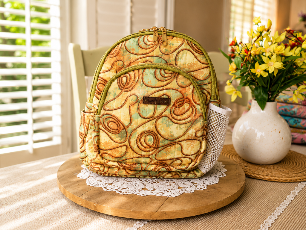 Handmade floral mini backpack featuring quilted fabric, boutique-style craftsmanship, and practical everyday storage.
