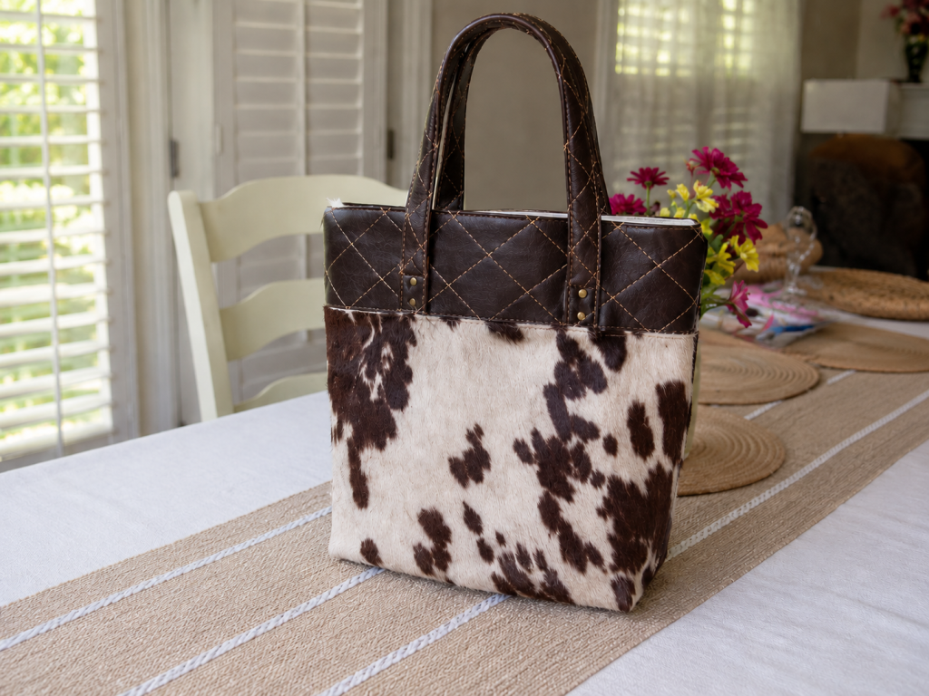 Handmade brown and cream suede material shoulder bag with front pocket and fabric design.