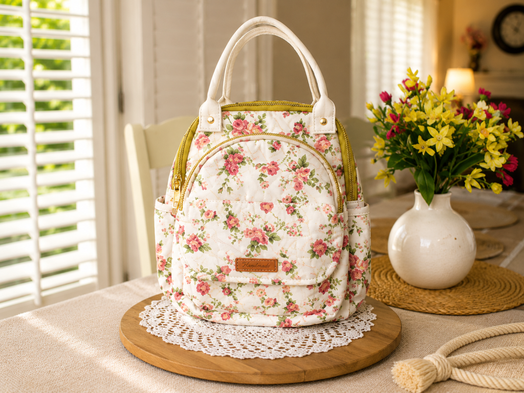 Handmade floral mini backpack featuring quilted fabric, boutique-style craftsmanship, and practical everyday storage.