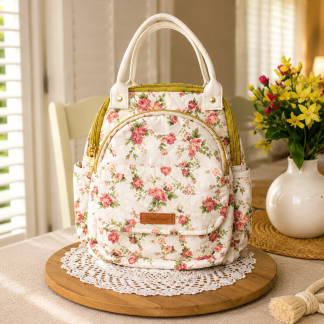 Handmade elegant floral boutique backpack with rose-pattern fabric and white carrying handles displayed on a wooden table beside decorative flowers indoors.
