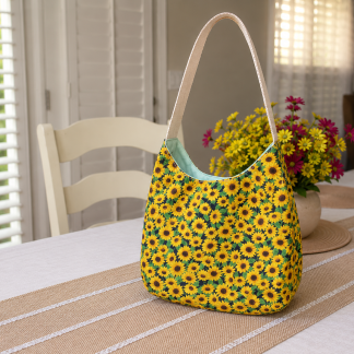 Handmade sunflower shoulder bag with soft cotton fabric and relaxed hobo-style design