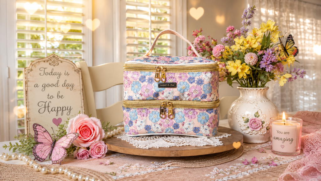 Handmade floral double stacker lunch tote with two zippered compartments displayed on a table beside flowers in natural light.