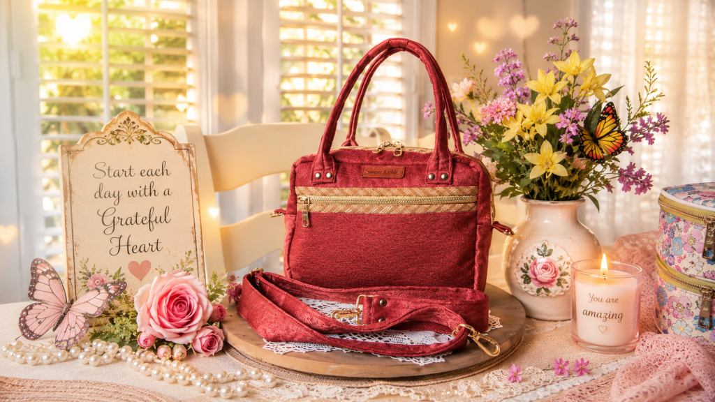Handmade red shoulder bag with adjustable strap and front zipper pocket displayed on a table beside flowers in natural light.