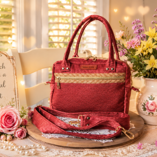 Handmade red shoulder bag with adjustable strap and front zipper pocket displayed on a table beside flowers in natural light.