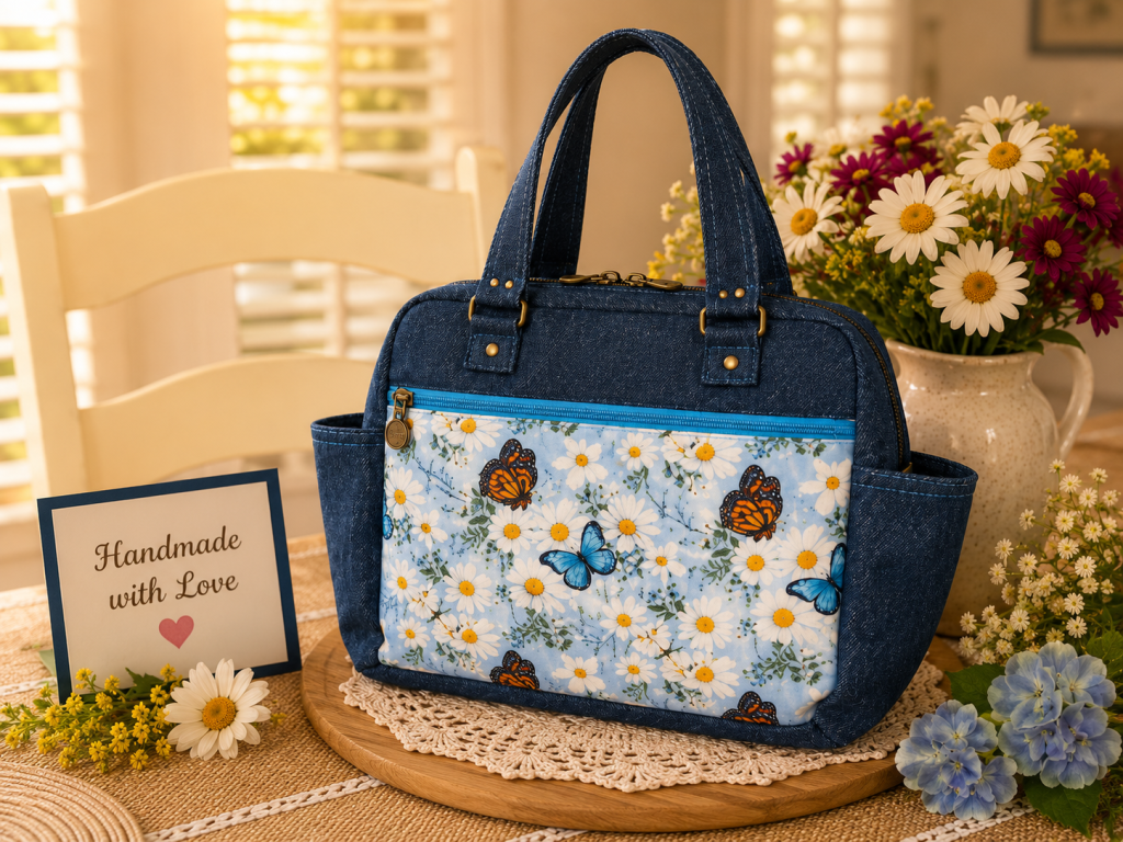 Handmade blue floral shoulder bag with butterfly and daisy design, navy blue fabric, gold zipper, and side pockets displayed in a cozy cottage setting.