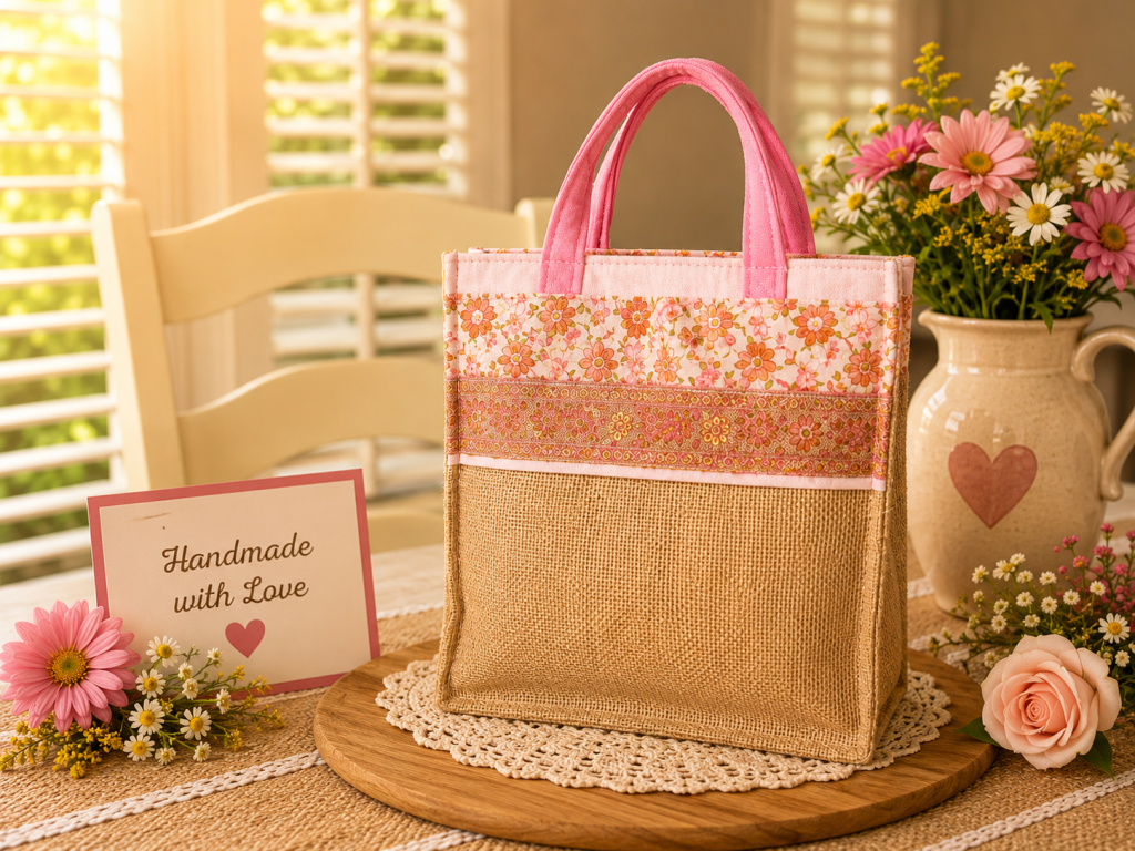 Handmade burlap-material with floral design shoulder bag with front pocket and quilted fabric design.