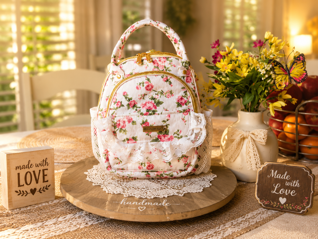 Handmade Vintage Rose backpack purse with quilted cotton exterior and waterproof lining by Handmade Bags by Ladda.