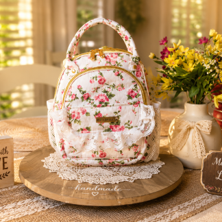 Handmade Vintage Rose backpack purse with quilted cotton exterior and waterproof lining by Handmade Bags by Ladda.
