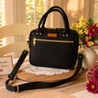 Handmade black Shoulder Bag and Handbag Combo with adjustable shoulder strap and gold zipper displayed on a wooden tray with flowers in a warm home setting.