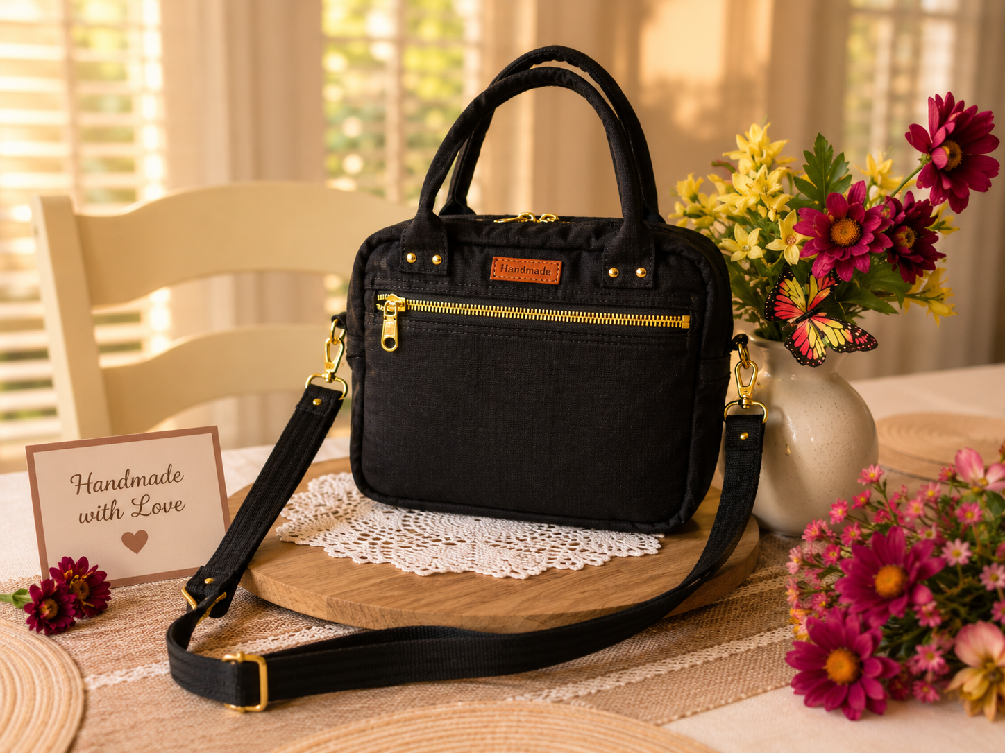 Handmade black Shoulder Bag and Handbag Combo with adjustable shoulder strap and gold zipper displayed on a wooden tray with flowers in a warm home setting.