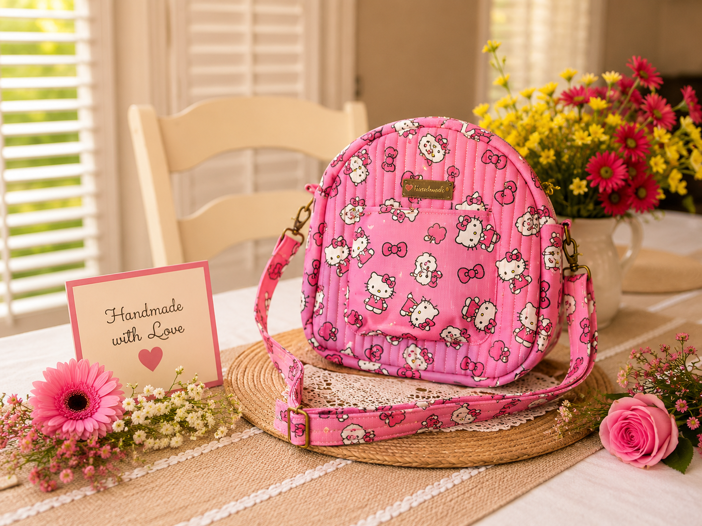 Handmade soft-pink floral shoulder bag with front pocket and cotton fabric design.