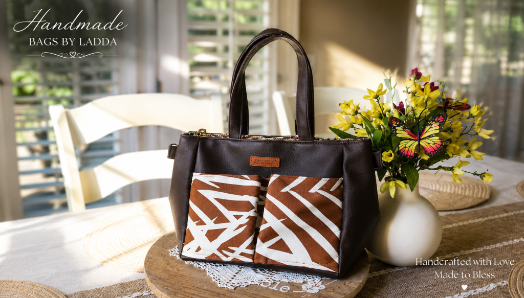 Handmade chocolate brown vinyl tote bag with designer canvas front pockets by Handmade Bags by Ladda.