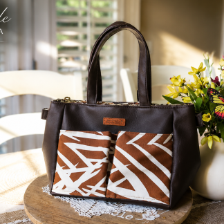 Handmade chocolate brown vinyl tote bag with designer canvas front pockets by Handmade Bags by Ladda.