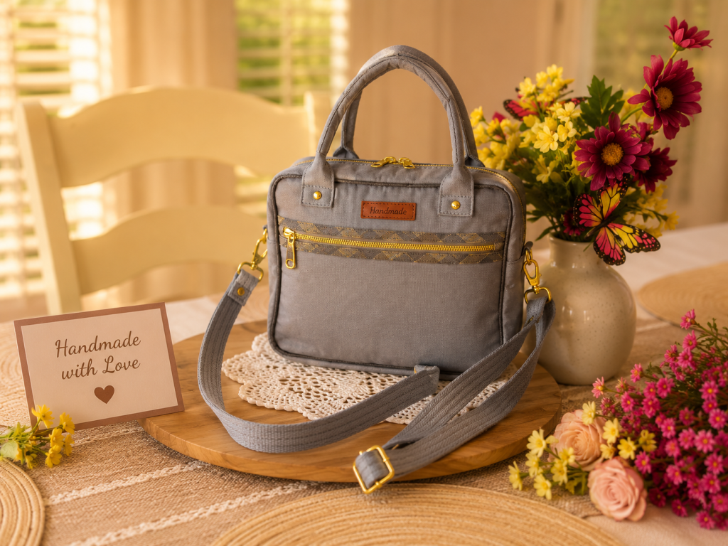 Handmade burgundy floral shoulder bag and handbag with adjustable strap, front zipper pocket, and elegant quilted fabric, displayed on a wooden table with flowers.