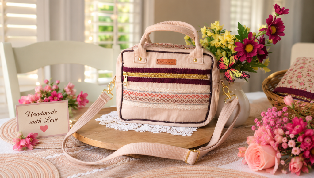 Handmade beige crossbody bag with embroidered front pocket and adjustable shoulder strap by Handmade Bags by Ladda.
