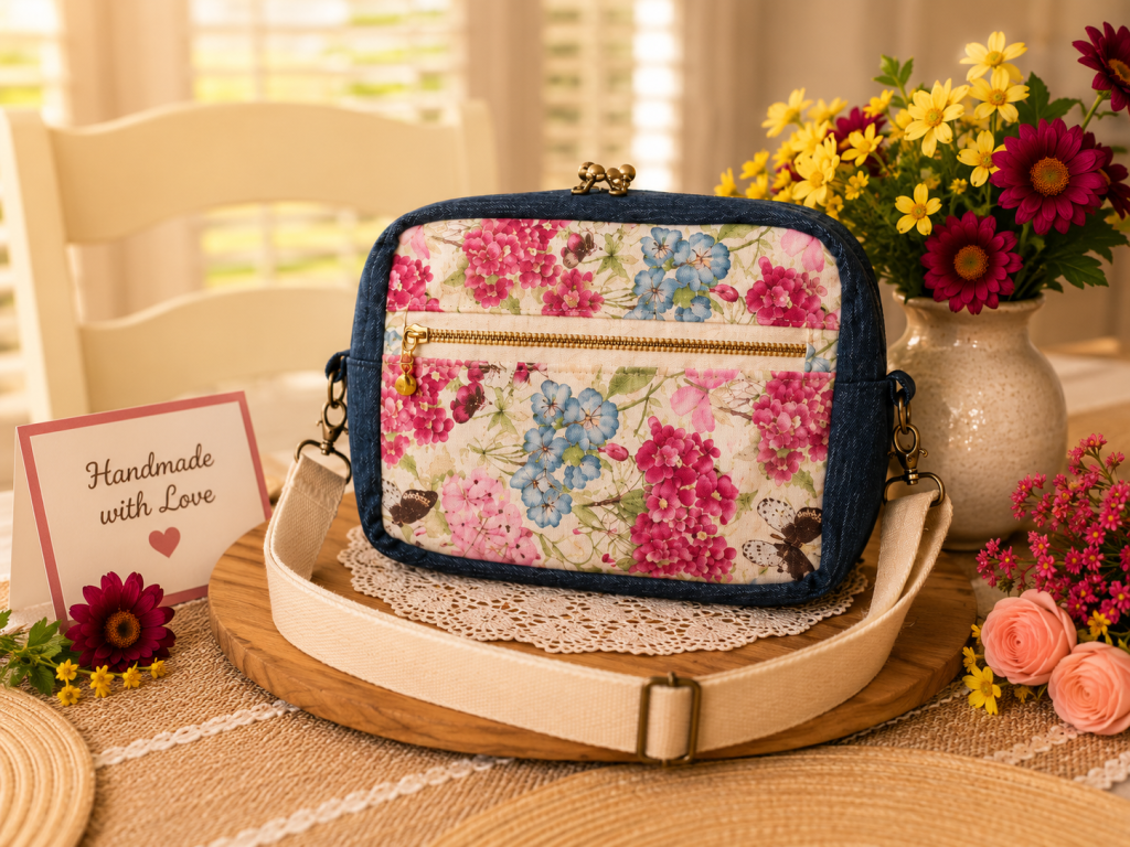 Handmade floral shoulder bag and handbag combo with navy blue trim, cream shoulder strap, gold zipper, and colorful pink and blue floral fabric displayed in a warm cottage-style setting with flowers.