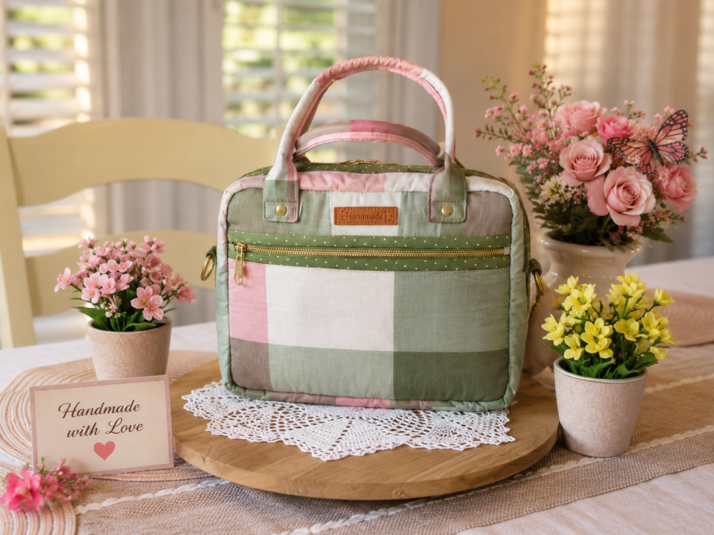 Handmade green and pink plaid iPad bag with front zipper pocket displayed on a wooden tray surrounded by flowers.