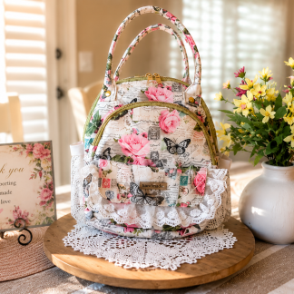 Handmade vintage rose mini backpack with pink floral fabric, butterflies, lace trim, and multiple storage pockets displayed on a wooden stand.