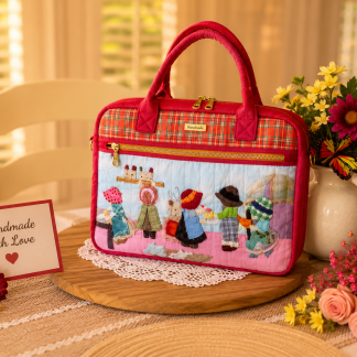 Handmade quilted iPad and notebook bag with whimsical appliqué children design, multiple zipper pockets, and floral accents displayed in a warm cottage-style setting.