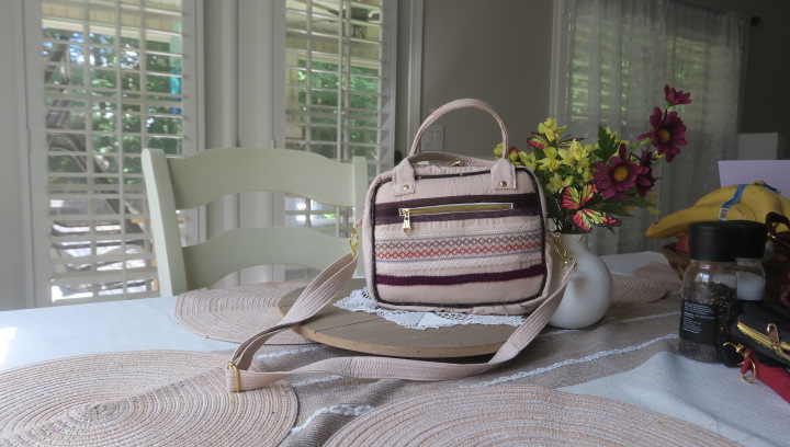 Handmade Beige Crossbody Bag with Embroidered Front Pocket | Quilted Women's Purse by Ladda - Image 2