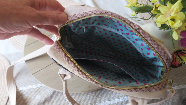Handmade Beige Crossbody Bag with Embroidered Front Pocket | Quilted Women's Purse by Ladda - Image 3