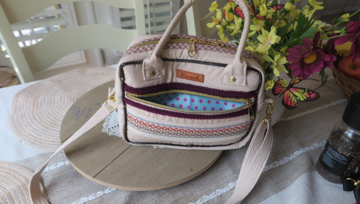 Handmade Beige Crossbody Bag with Embroidered Front Pocket | Quilted Women's Purse by Ladda - Image 4