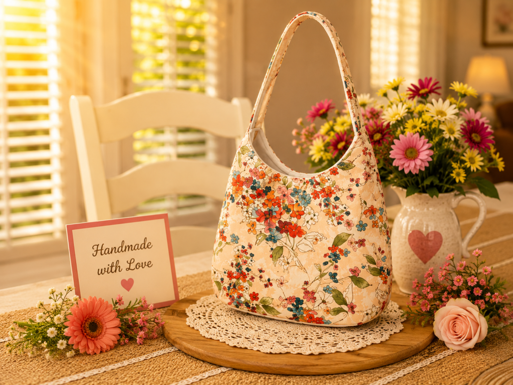 Handmade soft-pink floral shoulder bag with front pocket and cotton fabric design.
