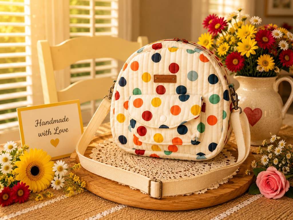 Handmade white quilted shoulder bag with colorful polka dots, front flap pocket, adjustable cream shoulder strap, and gold-tone hardware displayed in a warm cottage-style setting with fresh flowers.