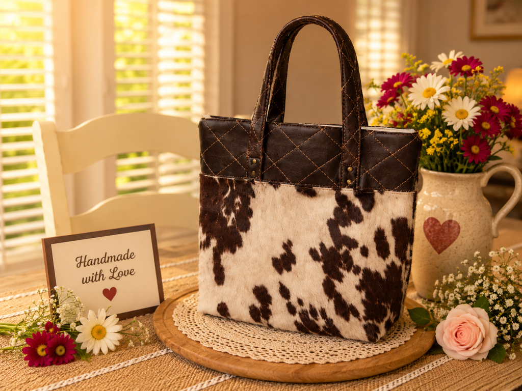 Handmade brown and cream suede material shoulder bag with front pocket and fabric design.