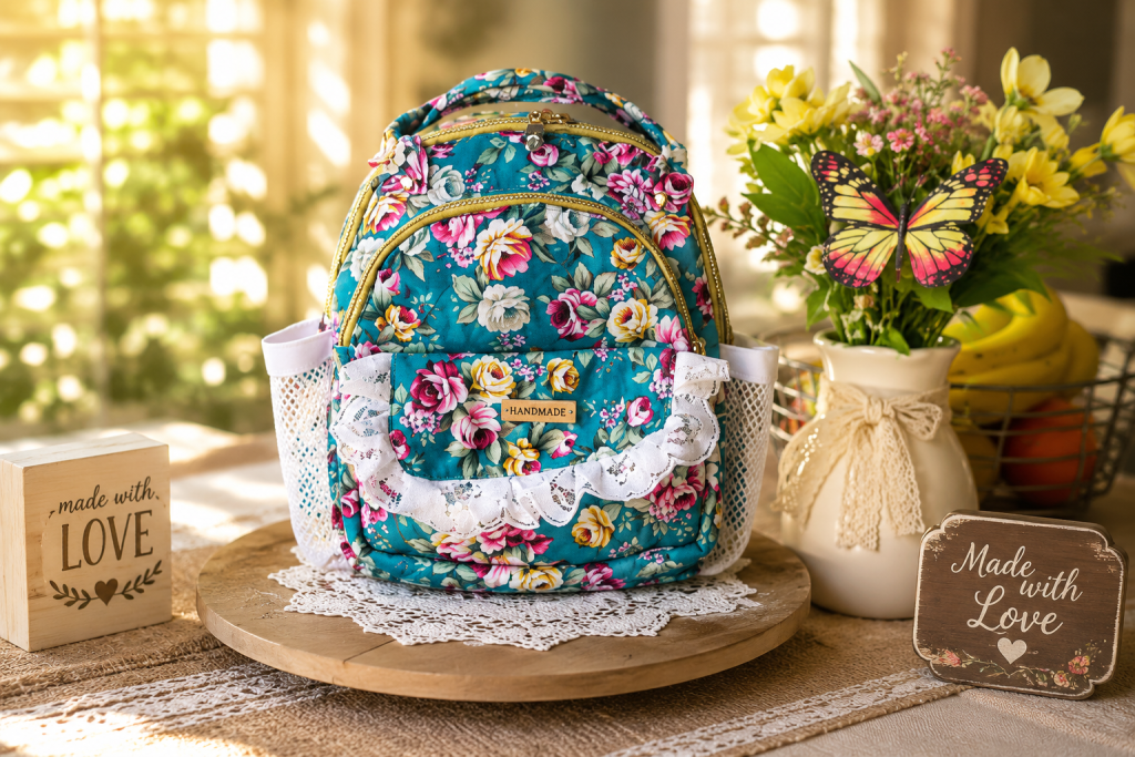 Handmade teal floral backpack purse with quilted cotton fabric and waterproof lining by Handmade Bags by Ladda.