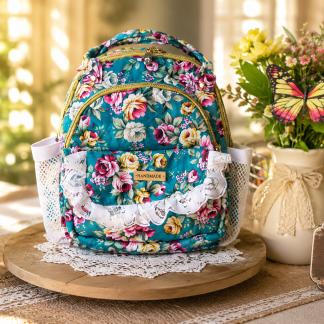Handmade teal floral backpack purse with quilted cotton fabric and waterproof lining by Handmade Bags by Ladda.