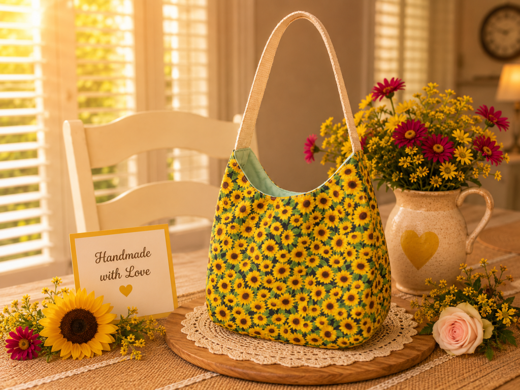 Handmade Yellow Sunflower floral design shoulder bag with front pocket and quilted fabric design.