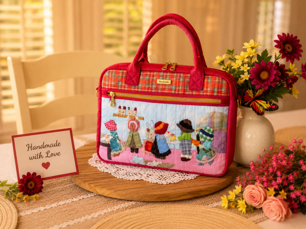 Handmade whimsical children's appliqué iPad and notebook bag with front zipper pocket, plaid trim, and quilted fabric, displayed on a wooden table with flowers.