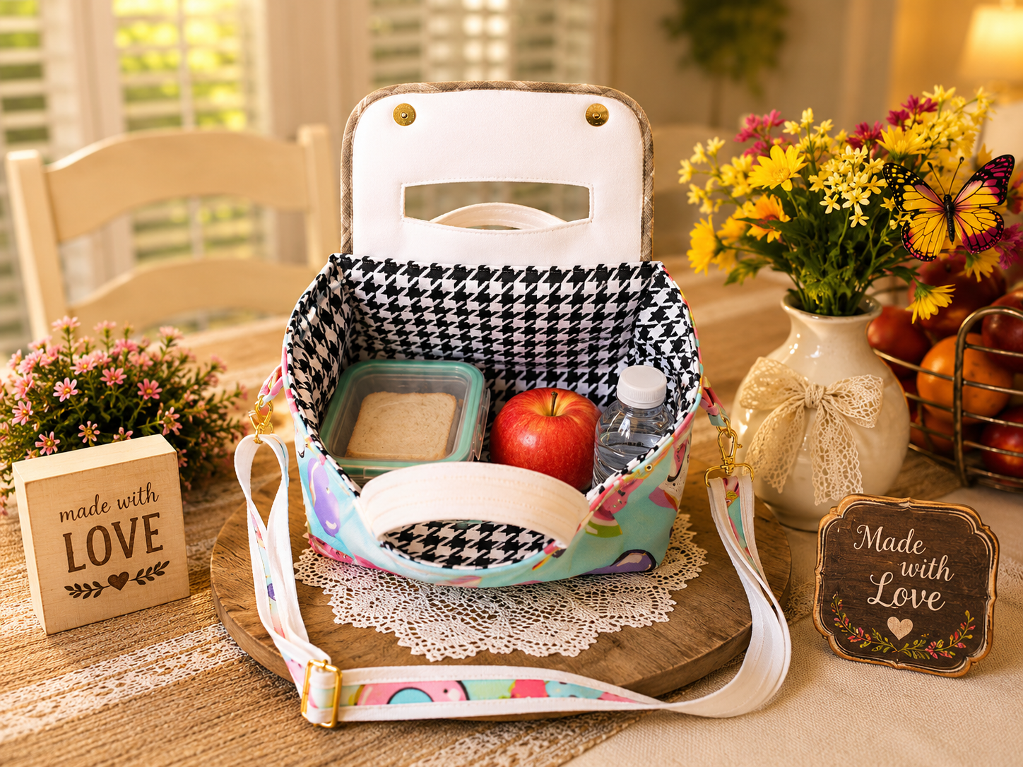 Colorful handmade lunch tote with white vinyl flap and adjustable shoulder strap