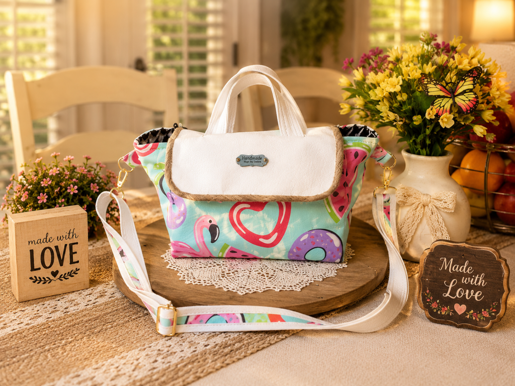 Colorful handmade lunch tote with white vinyl flap and adjustable shoulder strap