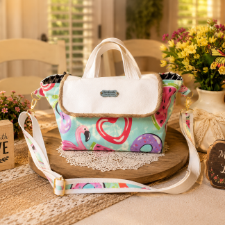 Colorful handmade lunch tote with white vinyl flap and adjustable shoulder strap