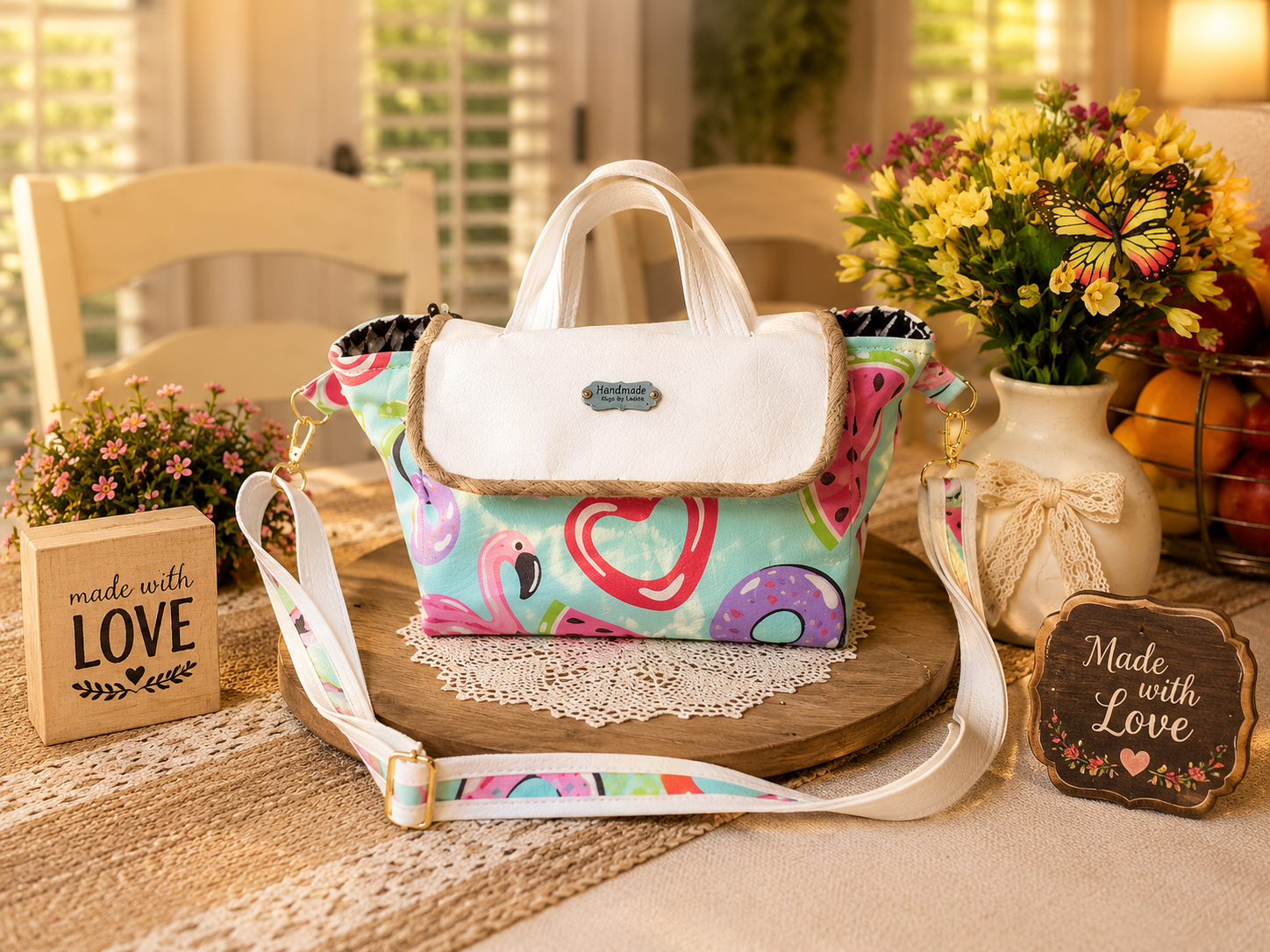 Colorful handmade lunch tote with white vinyl flap and adjustable shoulder strap