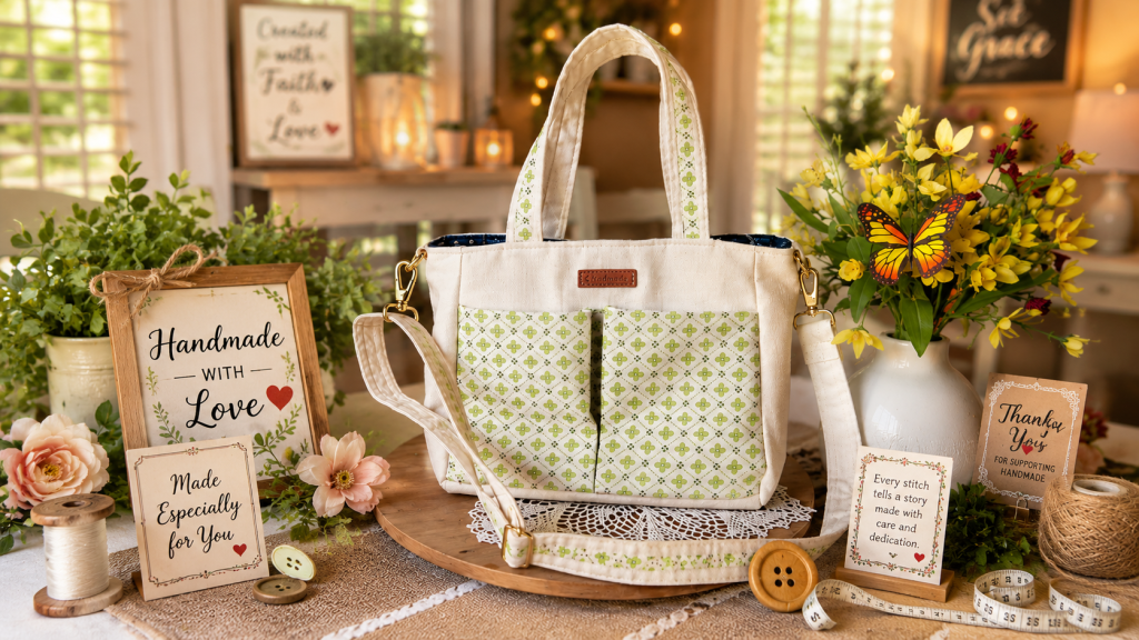 Green Clover Garden handmade shoulder tote bag with patterned front pockets