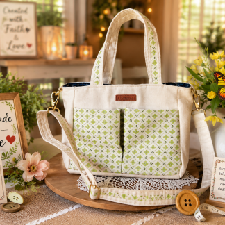Green Clover Garden handmade shoulder tote bag with patterned front pockets