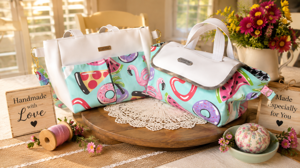 Handmade matching bag set with colorful flamingo Hand/shoulder bag and coordinating summer lunch tote