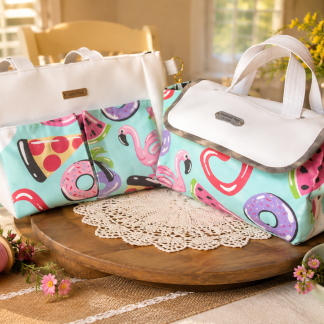 Handmade matching bag set with colorful flamingo Hand/shoulder bag and coordinating summer lunch tote