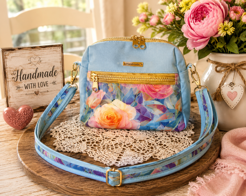 Handmade blue floral sling bag with colorful rose design