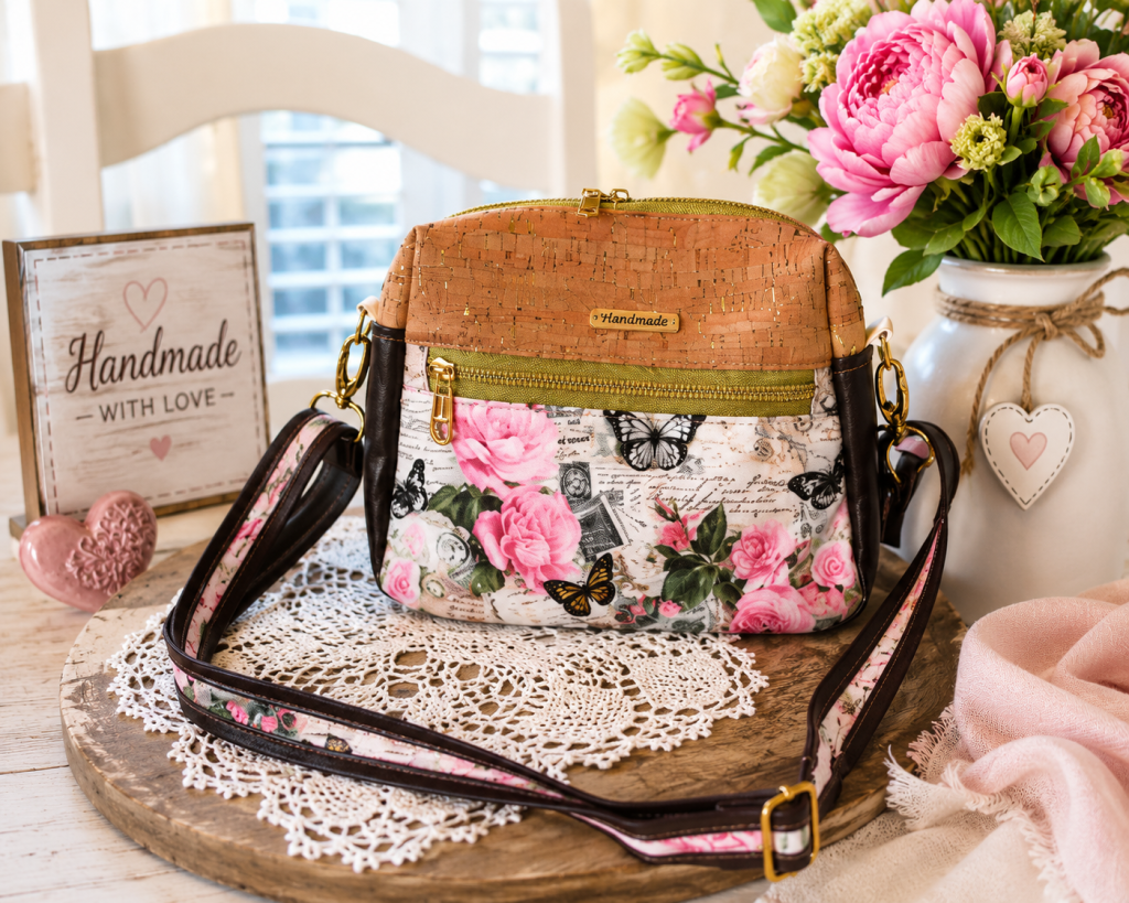 Handmade floral sling bag with pink roses and butterflies