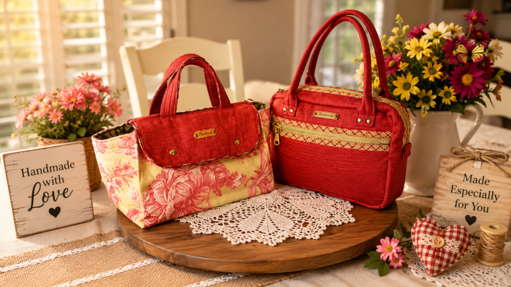 Handmade matching bag set with red floral hand shoulder bag and coordinating lunch tote