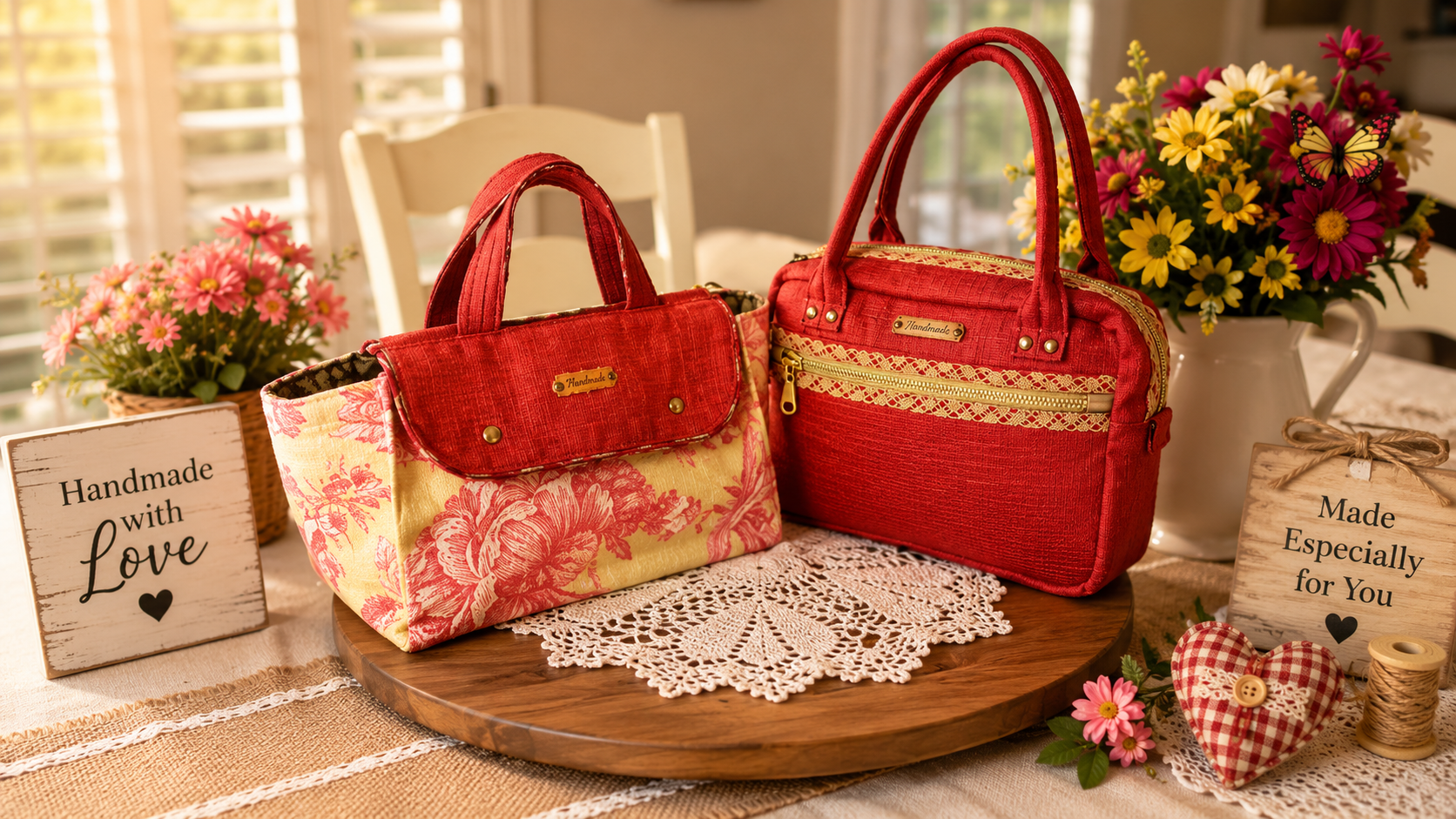 Handmade matching bag set with red floral hand shoulder bag and coordinating lunch tote