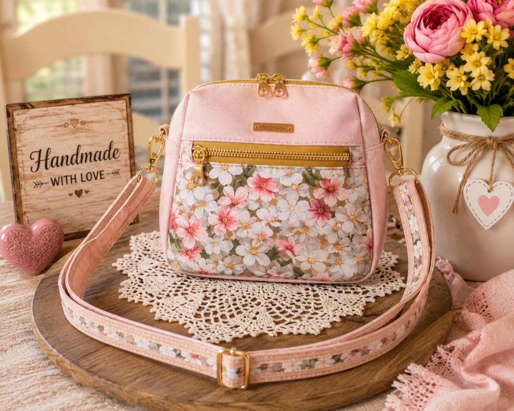 Handmade pink floral sling bag with pink and white blossoms