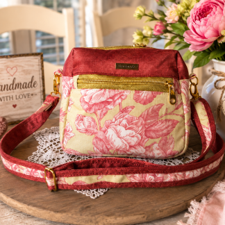 Handmade rose floral sling bag in burgundy and cream