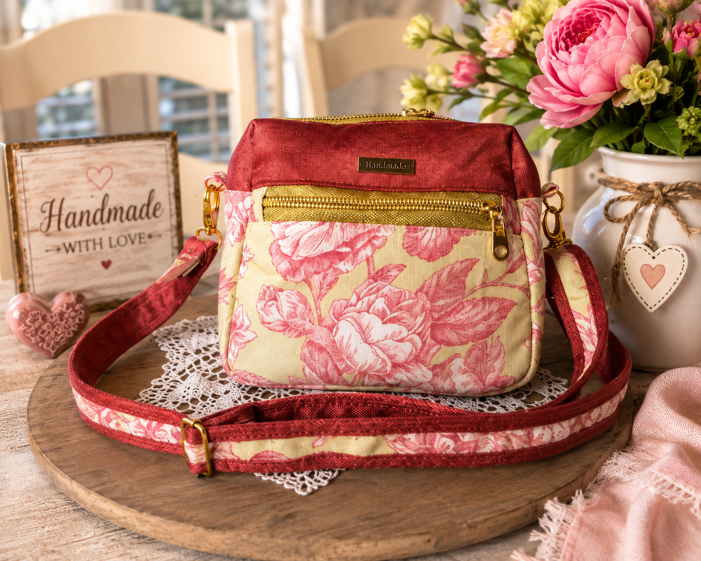 Handmade rose floral sling bag in burgundy and cream