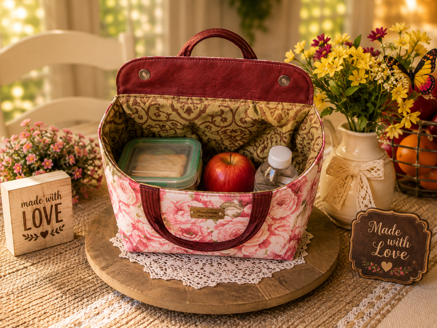 Handmade Burgundy Rose Garden Lunch Tote – Floral Canvas Lunch Bag - Image 2
