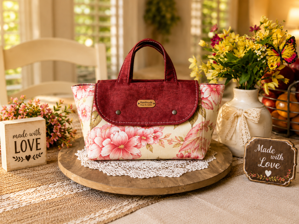 Handmade floral lunch tote with pink rose canvas and burgundy flap by Handmade Bags by Ladda